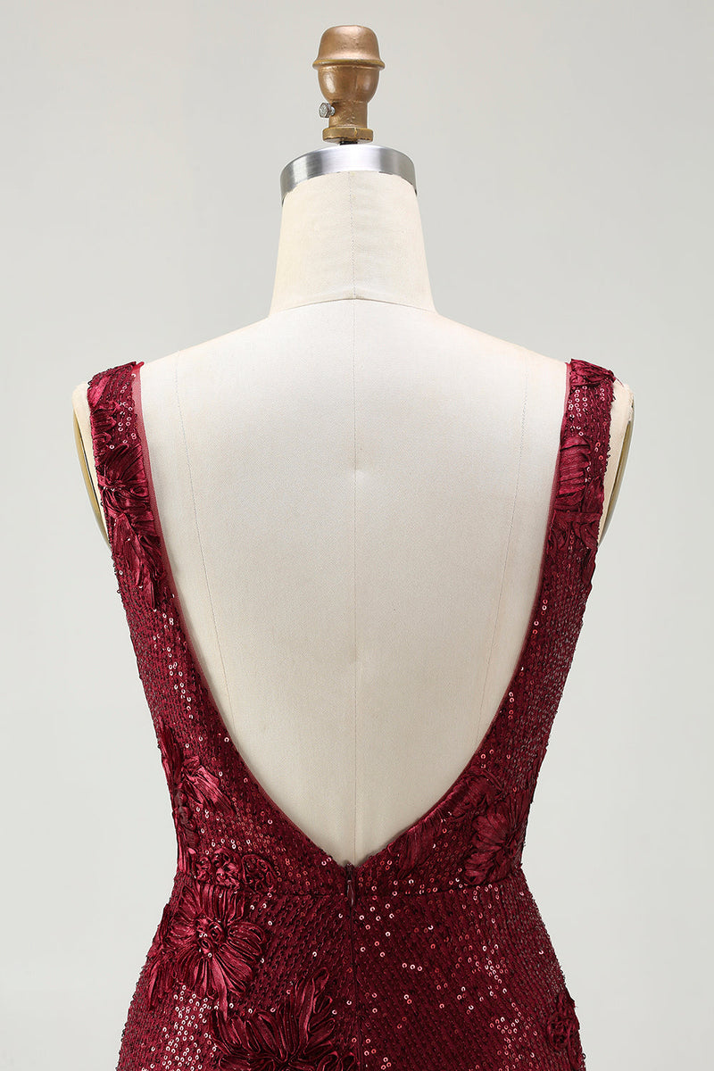 Laden Sie das Bild in den Galerie-Viewer, Glitzerndes Marineblaues Langes Meerjungfrauen Pailletten Ballkleid mit offenem Rücken und Schlitz