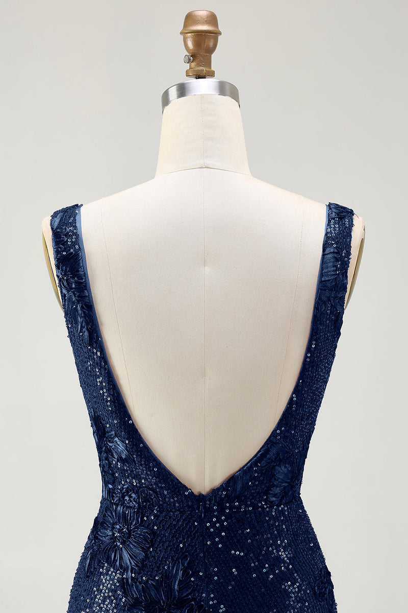 Laden Sie das Bild in den Galerie-Viewer, Glitzerndes Marineblaues Langes Meerjungfrauen Pailletten Ballkleid mit offenem Rücken und Schlitz