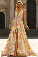 Laden Sie das Bild in den Galerie-Viewer, Gelb Rosa Blumen A-Linie Tiefer V-Ausschnitt Rückenloses Langes Ballkleid mit Schlitz