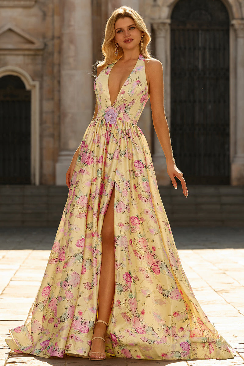 Laden Sie das Bild in den Galerie-Viewer, Gelb Rosa Blumen A-Linie Tiefer V-Ausschnitt Rückenloses Langes Ballkleid mit Schlitz