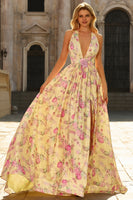 Laden Sie das Bild in den Galerie-Viewer, Gelb Rosa Blumen A-Linie Tiefer V-Ausschnitt Rückenloses Langes Ballkleid mit Schlitz