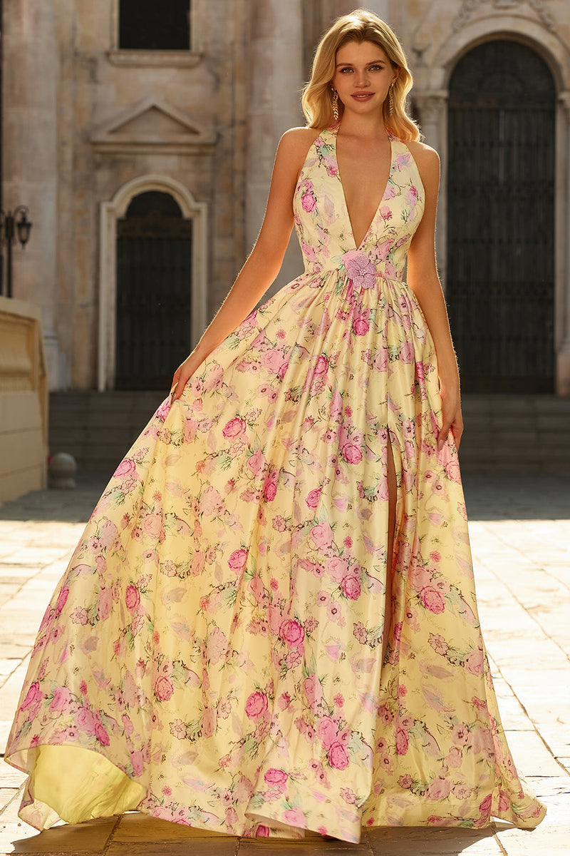 Laden Sie das Bild in den Galerie-Viewer, Gelb Rosa Blumen A-Linie Tiefer V-Ausschnitt Rückenloses Langes Ballkleid mit Schlitz