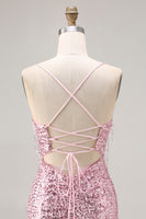 Laden Sie das Bild in den Galerie-Viewer, Glitzerndes Rosa Meerjungfrauen Schnürung Rücken Pailletten Langes Ballkleid mit Schlitz