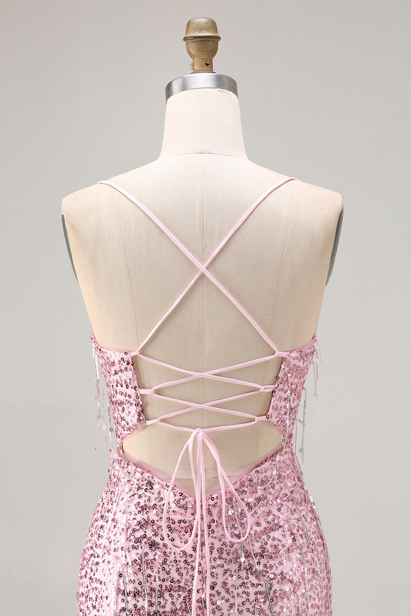 Laden Sie das Bild in den Galerie-Viewer, Glitzerndes Rosa Meerjungfrauen Schnürung Rücken Pailletten Langes Ballkleid mit Schlitz