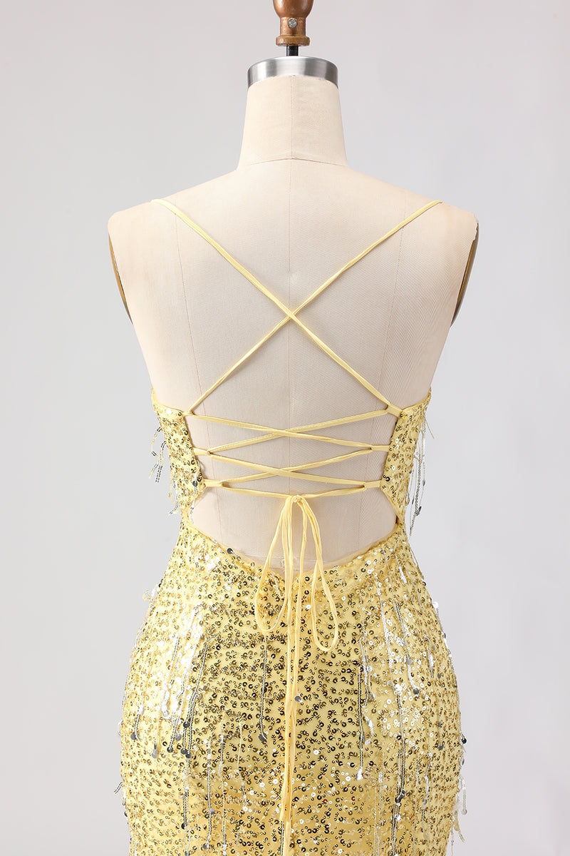 Laden Sie das Bild in den Galerie-Viewer, Glitzerndes Burgundergrünes Meerjungfrauen Pailletten Schnürung hinten Langes Abschlussballkleid mit Schlitz