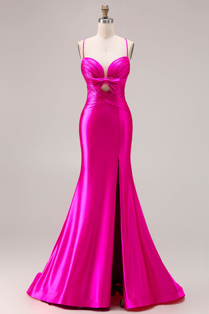 Laden Sie das Bild in den Galerie-Viewer, Fuchsia Meerjungfrauen Satin Plissiertes Langes Ballkleid mit Schlitz