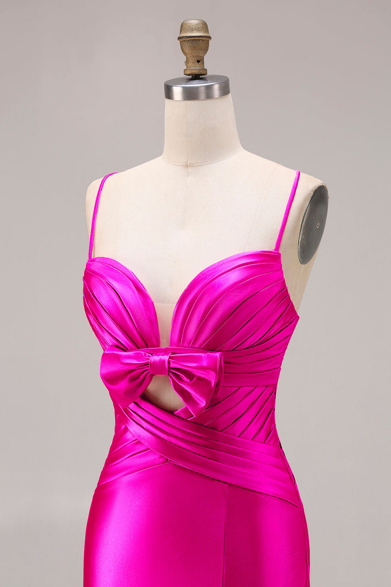 Laden Sie das Bild in den Galerie-Viewer, Fuchsia Meerjungfrauen Satin Plissiertes Langes Ballkleid mit Schlitz
