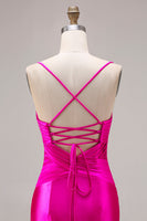 Laden Sie das Bild in den Galerie-Viewer, Fuchsia Meerjungfrauen Satin Plissiertes Langes Ballkleid mit Schlitz