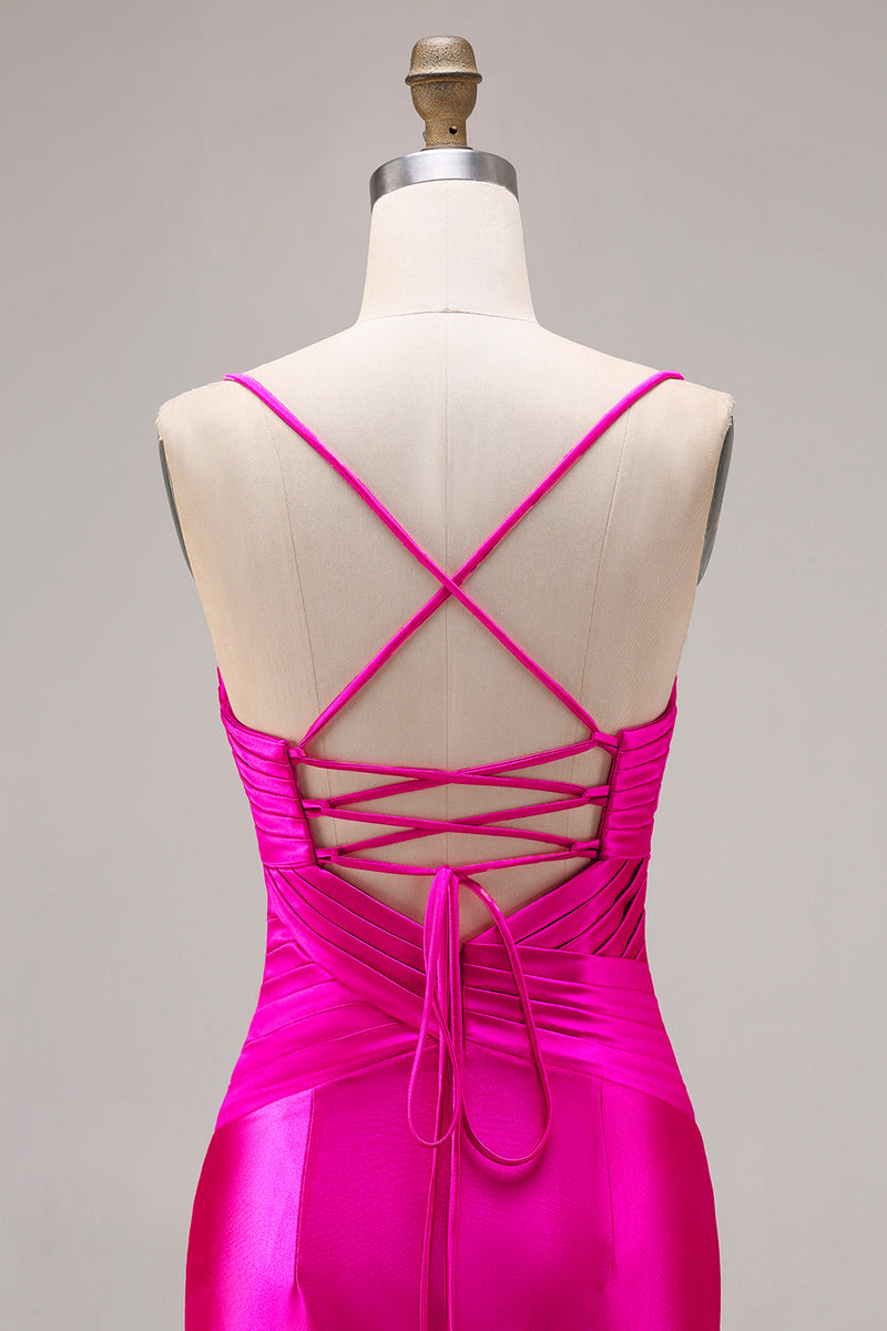 Laden Sie das Bild in den Galerie-Viewer, Fuchsia Meerjungfrauen Satin Plissiertes Langes Ballkleid mit Schlitz