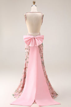 Etui Perlenbesetztes Pailletten Langes Geblümtes Ballkleid mit abnehmbarer Schleife