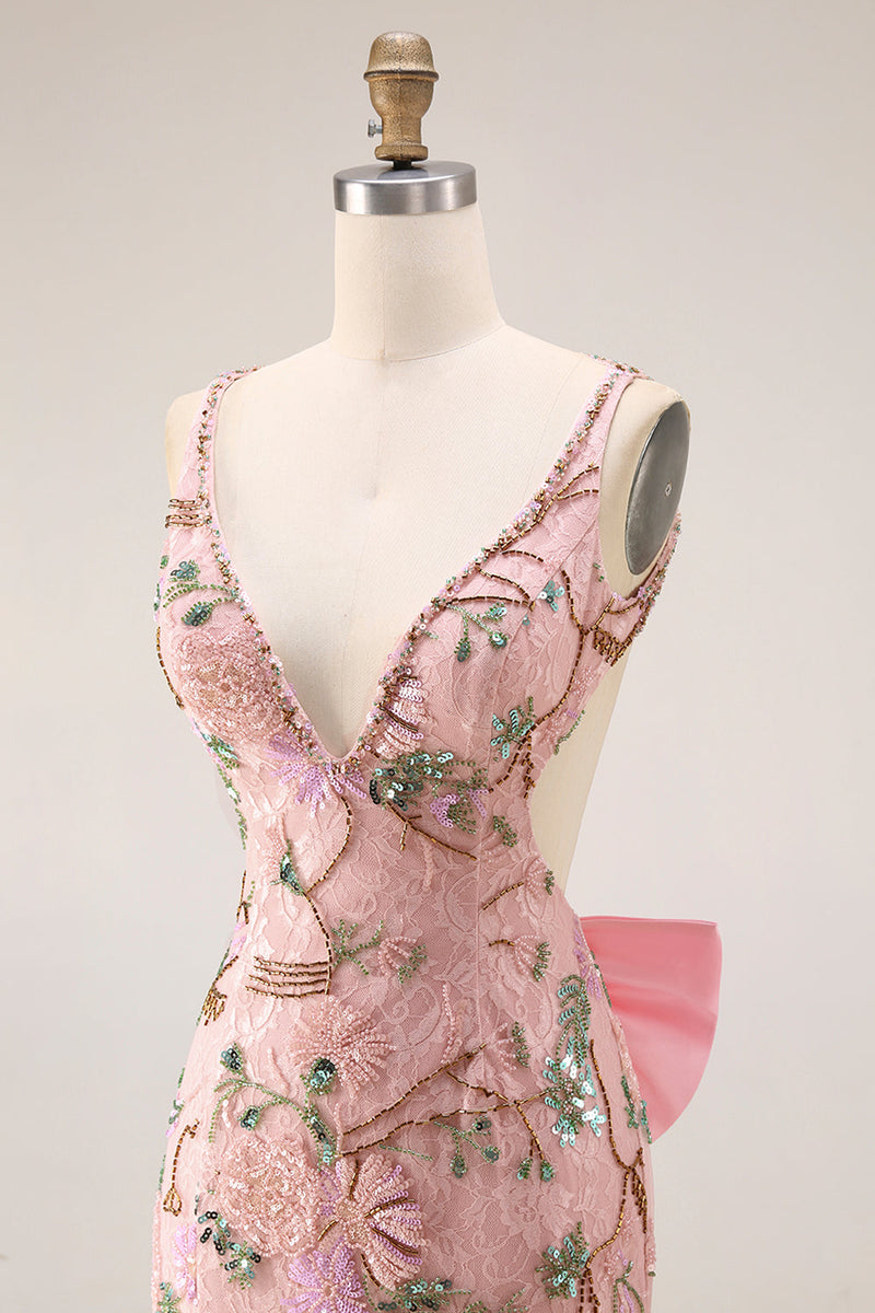 Laden Sie das Bild in den Galerie-Viewer, Etui Perlenbesetztes Pailletten Langes Geblümtes Ballkleid mit abnehmbarer Schleife