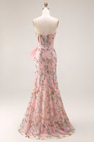 Laden Sie das Bild in den Galerie-Viewer, Trägerloses Pailletten Besetztes Blumen Langes Ballkleid mit Schleife und Schlitz