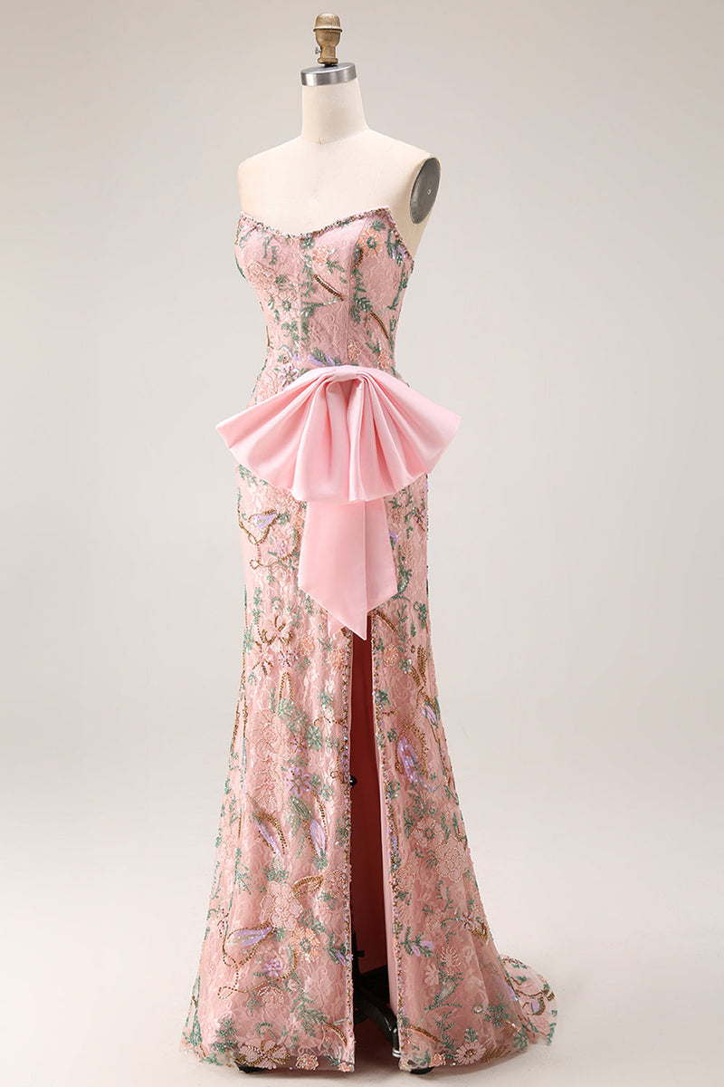 Laden Sie das Bild in den Galerie-Viewer, Trägerloses Pailletten Besetztes Blumen Langes Ballkleid mit Schleife und Schlitz