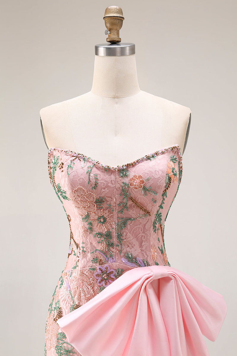 Laden Sie das Bild in den Galerie-Viewer, Trägerloses Pailletten Besetztes Blumen Langes Ballkleid mit Schleife und Schlitz