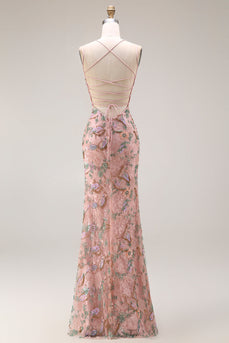 Blush Blumen Spaghettiträger Scheide Langes Abschlussballkleid mit Pailletten