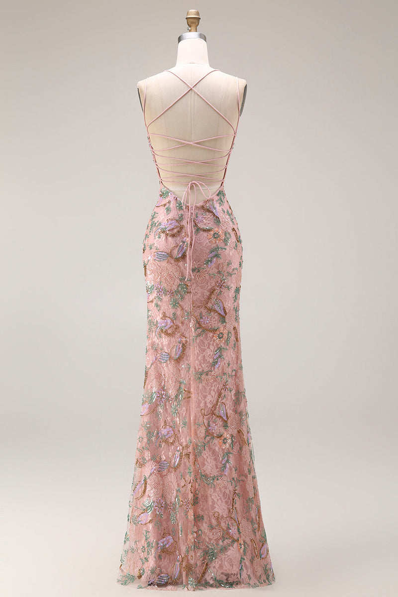 Laden Sie das Bild in den Galerie-Viewer, Blush Blumen Spaghettiträger Scheide Langes Abschlussballkleid mit Pailletten