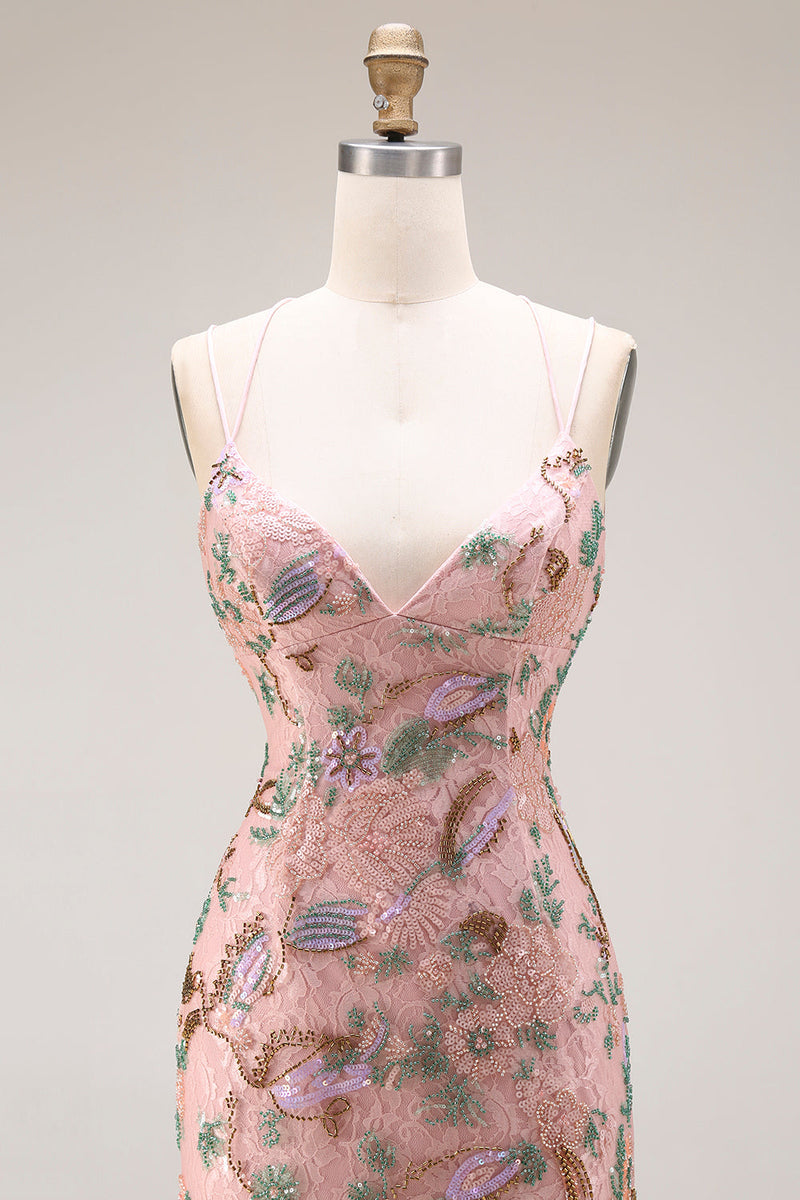 Laden Sie das Bild in den Galerie-Viewer, Blush Blumen Spaghettiträger Scheide Langes Abschlussballkleid mit Pailletten