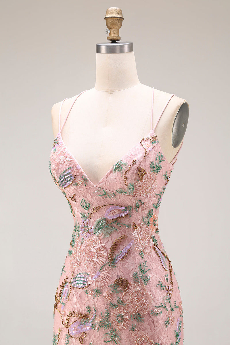 Laden Sie das Bild in den Galerie-Viewer, Blush Blumen Spaghettiträger Scheide Langes Abschlussballkleid mit Pailletten