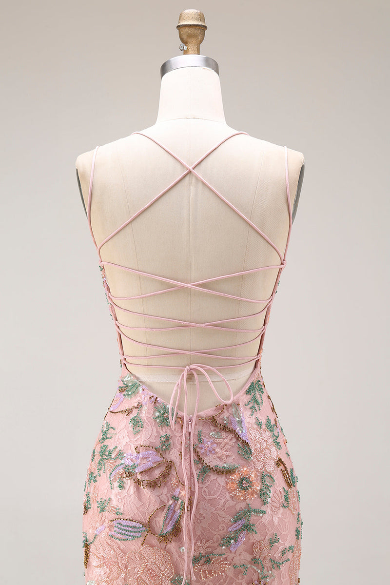 Laden Sie das Bild in den Galerie-Viewer, Blush Blumen Spaghettiträger Scheide Langes Abschlussballkleid mit Pailletten