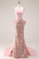 Laden Sie das Bild in den Galerie-Viewer, Glitzerndes Rosa Appliquiertes Baskisches Taillen Meerjungfrauen Langes Ballkleid mit Schleife