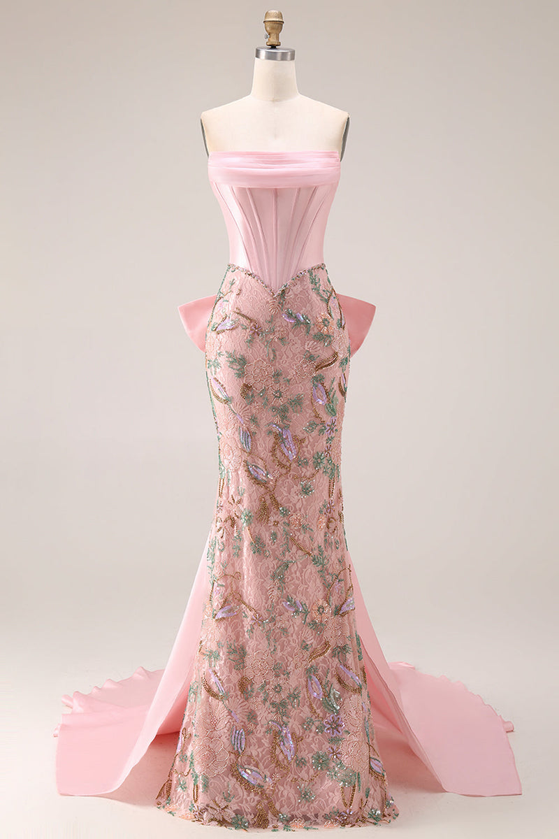 Laden Sie das Bild in den Galerie-Viewer, Glitzerndes Rosa Appliquiertes Baskisches Taillen Meerjungfrauen Langes Ballkleid mit Schleife