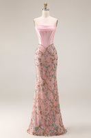 Laden Sie das Bild in den Galerie-Viewer, Glitzerndes Rosa Appliquiertes Baskisches Taillen Meerjungfrauen Langes Ballkleid mit Schleife