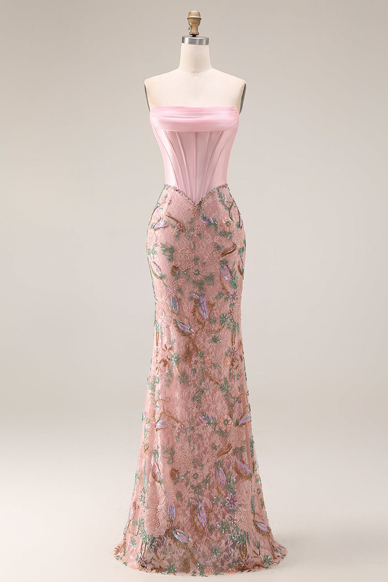 Laden Sie das Bild in den Galerie-Viewer, Glitzerndes Rosa Appliquiertes Baskisches Taillen Meerjungfrauen Langes Ballkleid mit Schleife