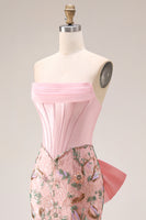 Laden Sie das Bild in den Galerie-Viewer, Glitzerndes Rosa Appliquiertes Baskisches Taillen Meerjungfrauen Langes Ballkleid mit Schleife