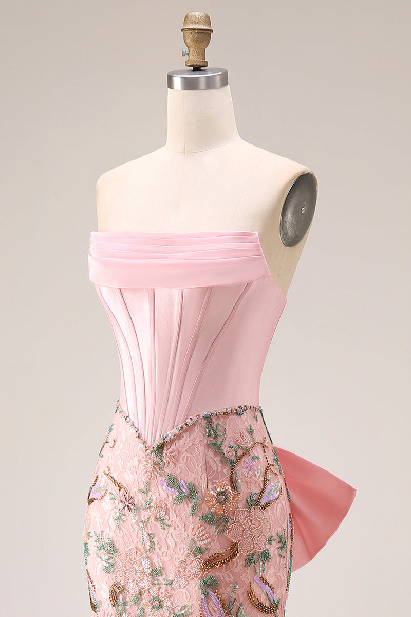 Laden Sie das Bild in den Galerie-Viewer, Glitzerndes Rosa Appliquiertes Baskisches Taillen Meerjungfrauen Langes Ballkleid mit Schleife