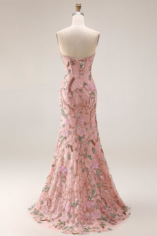 Trägerloses Geblümtes Korsett Langes Ballkleid mit Schlitz