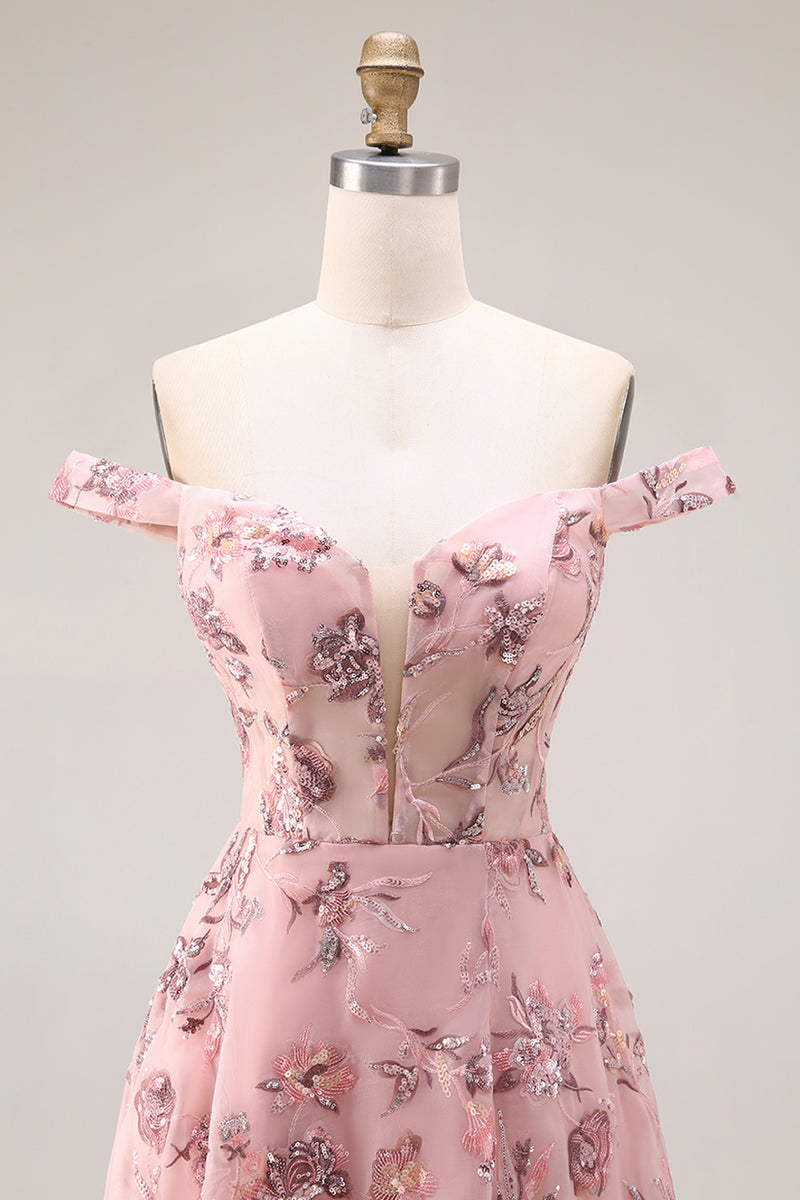Laden Sie das Bild in den Galerie-Viewer, Lila Schulterfreies Geblümtes A-Linie Pailletten Langes Ballkleid mit Schlitz