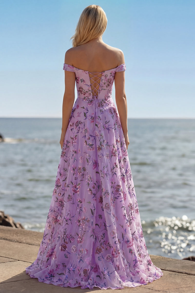 Laden Sie das Bild in den Galerie-Viewer, Lila Schulterfreies Geblümtes A-Linie Pailletten Langes Ballkleid mit Schlitz