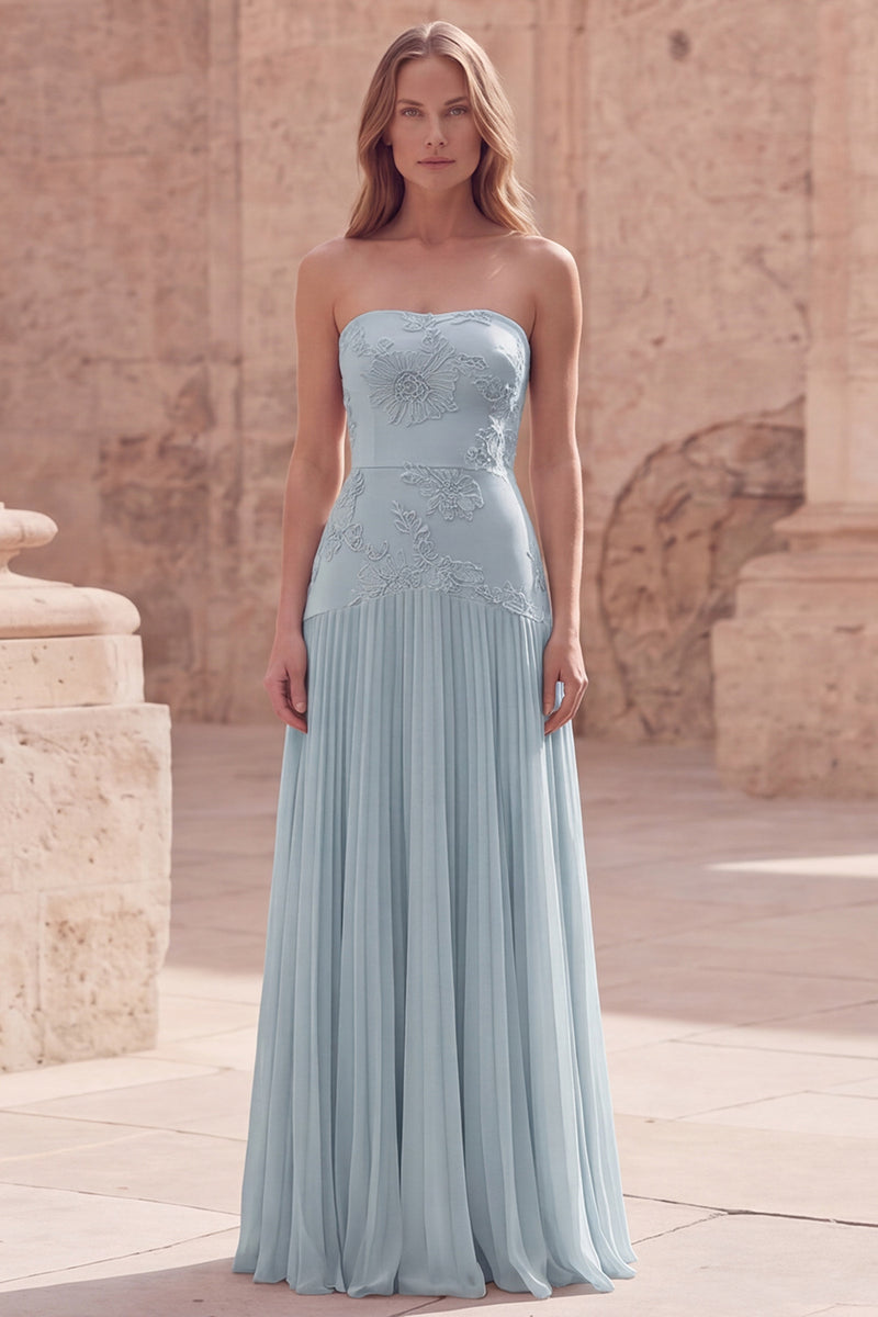 Laden Sie das Bild in den Galerie-Viewer, Trägerloses Gelbes Blumen Langes Abschlussballkleid mit Falten