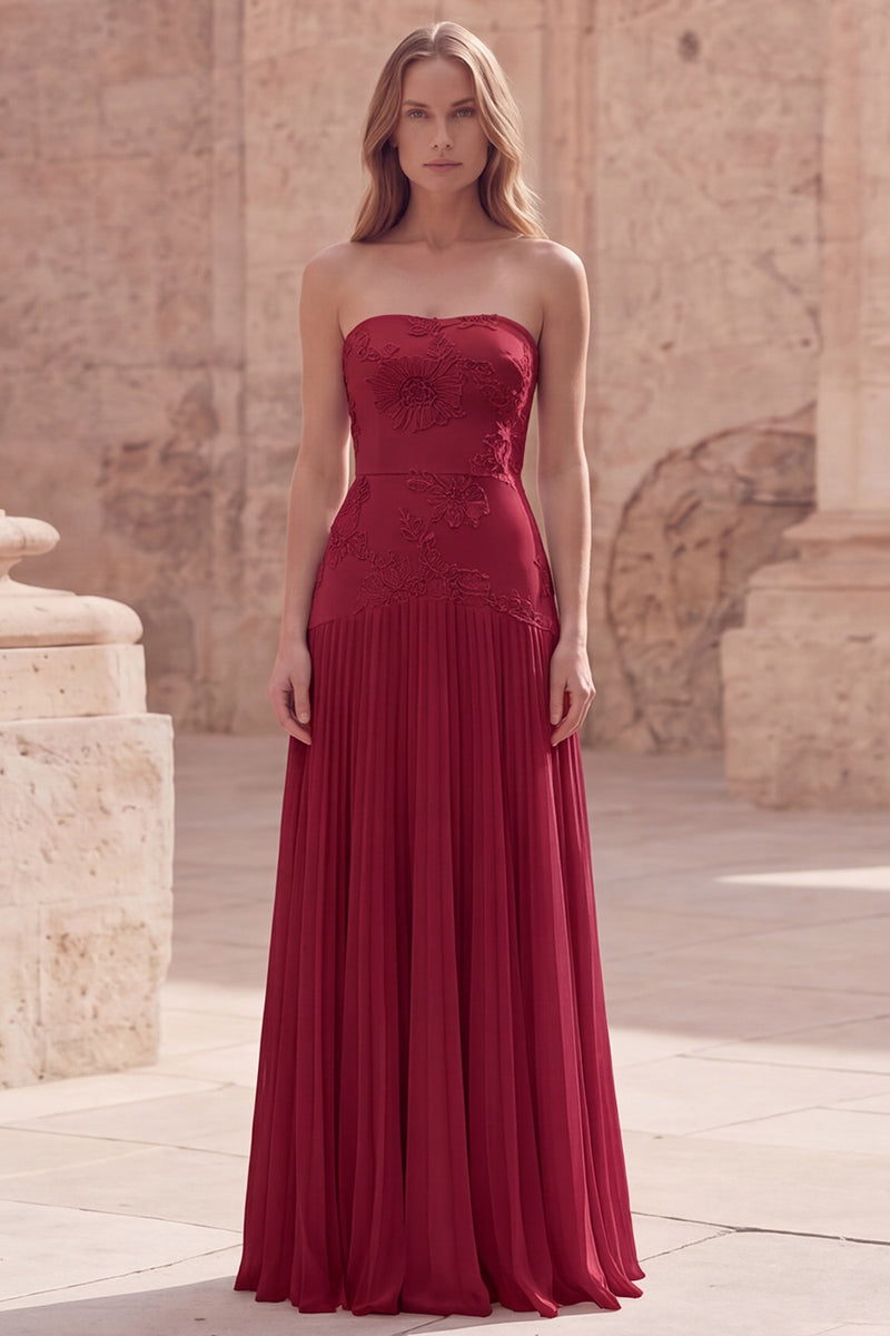 Laden Sie das Bild in den Galerie-Viewer, Trägerloses Gelbes Blumen Langes Abschlussballkleid mit Falten
