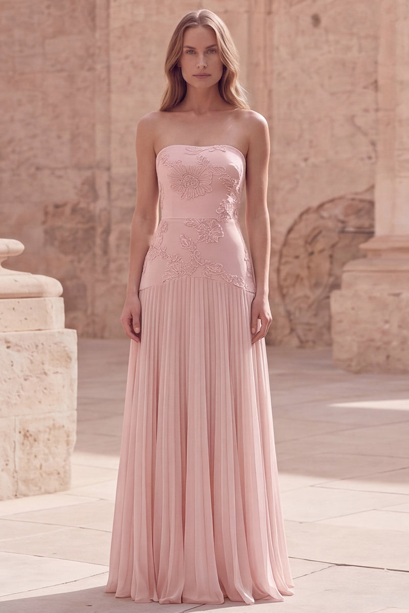 Laden Sie das Bild in den Galerie-Viewer, Trägerloses Gelbes Blumen Langes Abschlussballkleid mit Falten
