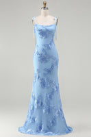 Laden Sie das Bild in den Galerie-Viewer, Hellblaues Spaghetti-Träger Meerjungfrauen-Maxikleid mit floraler Stickerei
