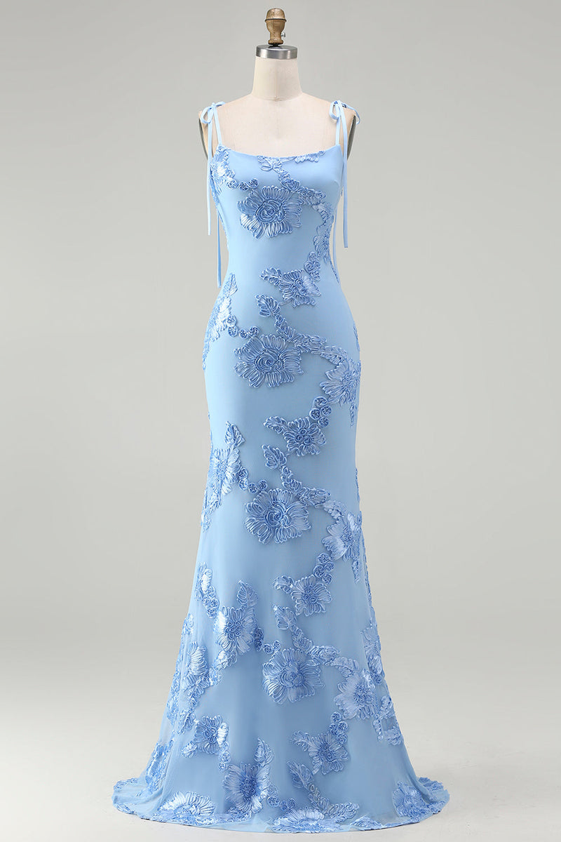 Laden Sie das Bild in den Galerie-Viewer, Hellblaues Spaghetti-Träger Meerjungfrauen-Maxikleid mit floraler Stickerei