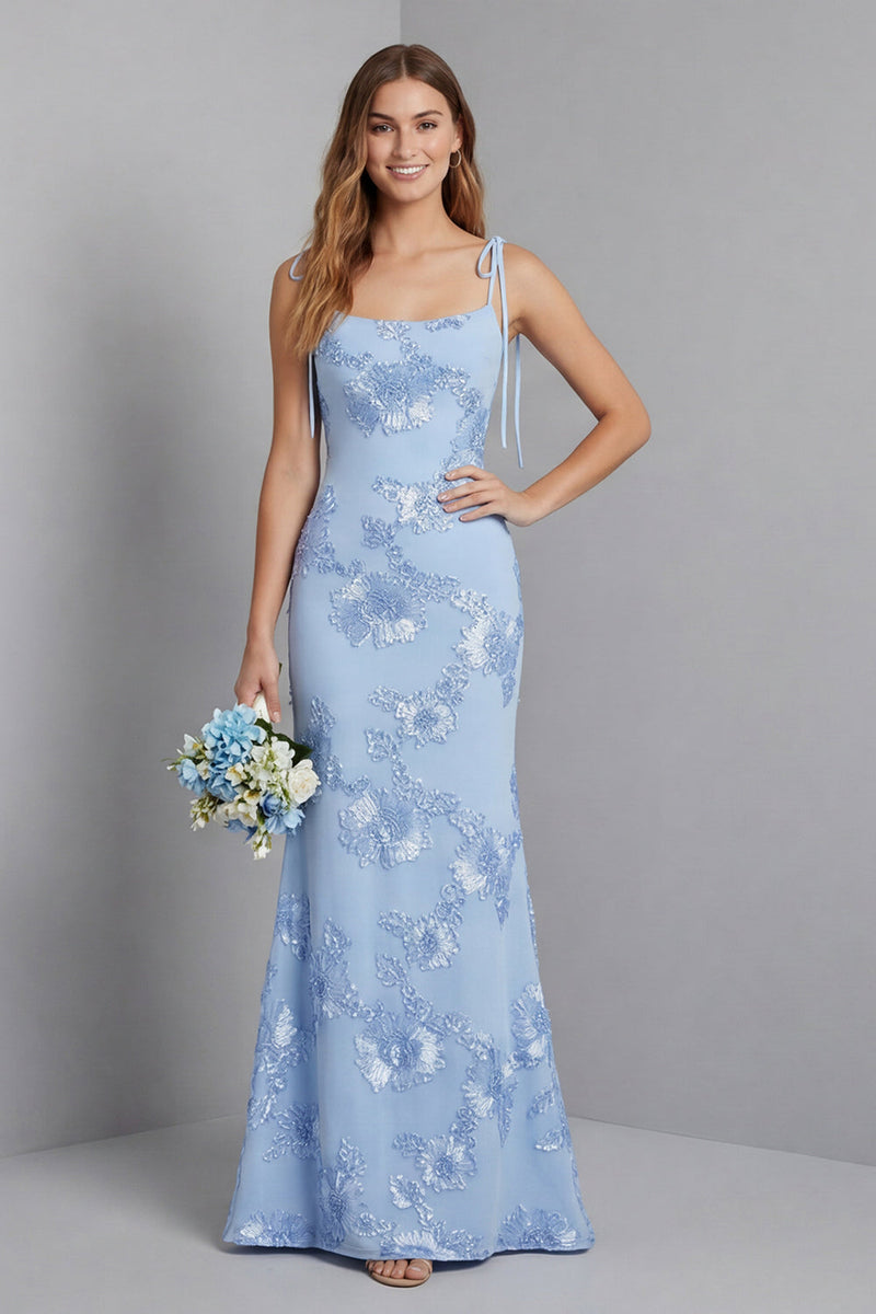 Laden Sie das Bild in den Galerie-Viewer, Hellblaues Spaghetti-Träger Meerjungfrauen-Maxikleid mit floraler Stickerei