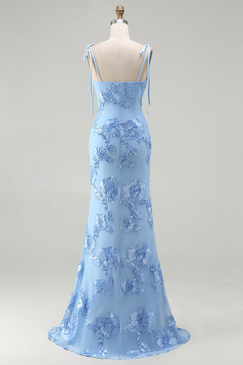 Laden Sie das Bild in den Galerie-Viewer, Hellblaues Spaghetti-Träger Meerjungfrauen-Maxikleid mit floraler Stickerei