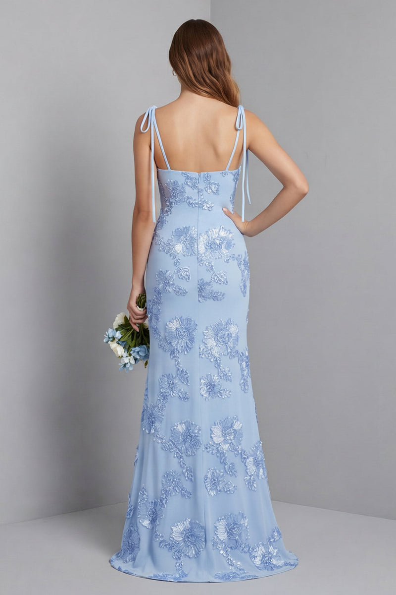 Laden Sie das Bild in den Galerie-Viewer, Hellblaues Spaghetti-Träger Meerjungfrauen-Maxikleid mit floraler Stickerei