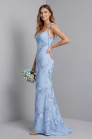 Laden Sie das Bild in den Galerie-Viewer, Hellblaues Spaghetti-Träger Meerjungfrauen-Maxikleid mit floraler Stickerei