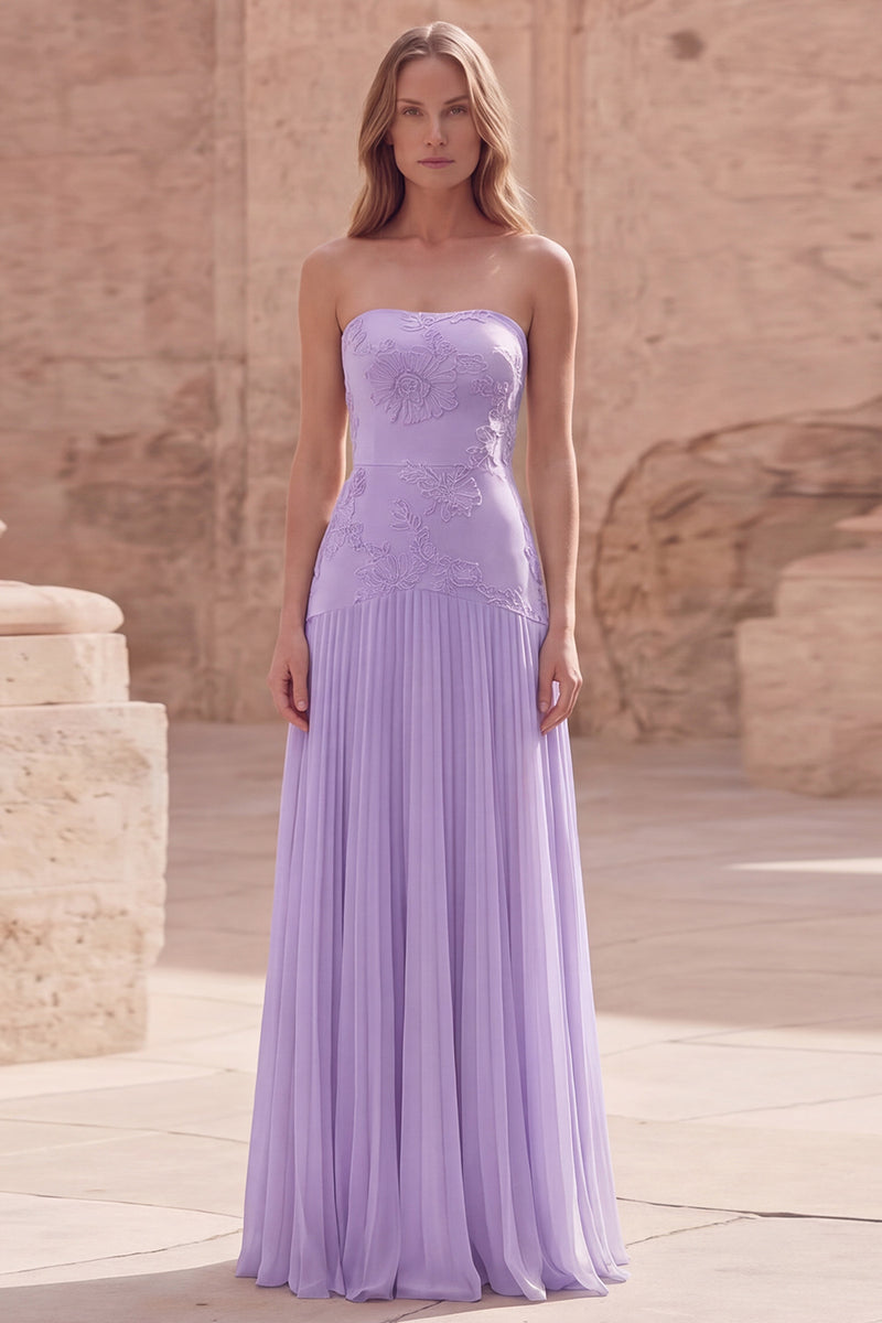Laden Sie das Bild in den Galerie-Viewer, Trägerloses Gelbes Blumen Langes Abschlussballkleid mit Falten