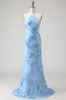 Laden Sie das Bild in den Galerie-Viewer, Hellblaues Meerjungfrauen Neckholder Rückenloses Langes Ballkleid mit Blumen Stickerei