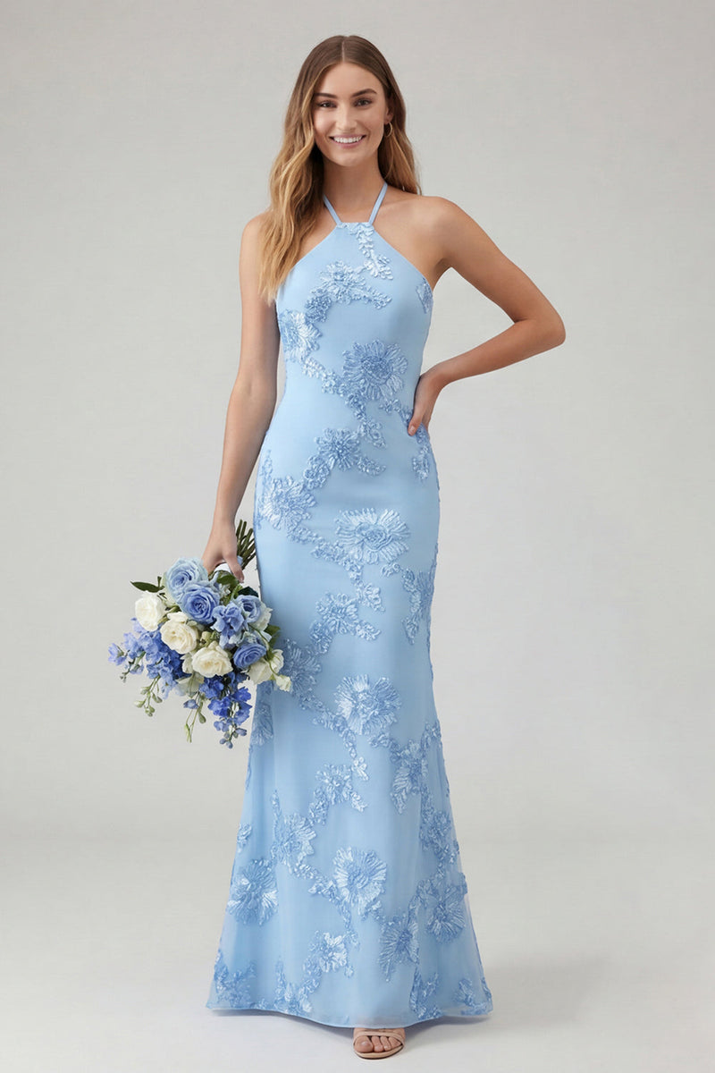 Laden Sie das Bild in den Galerie-Viewer, Hellblaues Meerjungfrauen Neckholder Rückenloses Langes Ballkleid mit Blumen Stickerei