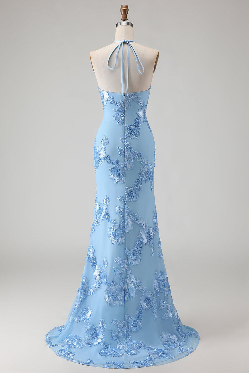 Laden Sie das Bild in den Galerie-Viewer, Hellblaues Meerjungfrauen Neckholder Rückenloses Langes Ballkleid mit Blumen Stickerei