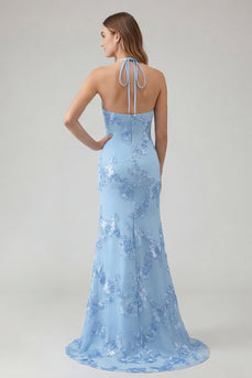 Hellblaues Meerjungfrauen Neckholder Rückenloses Langes Ballkleid mit Blumen Stickerei
