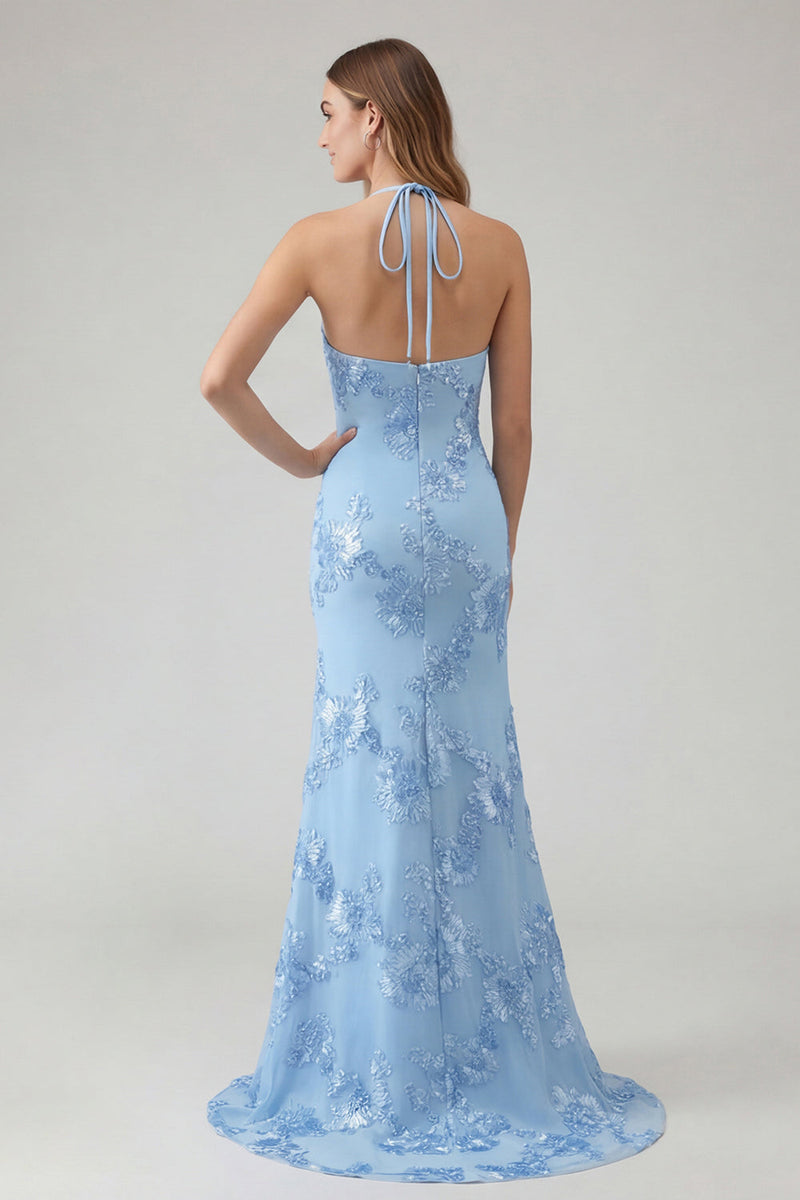 Laden Sie das Bild in den Galerie-Viewer, Hellblaues Meerjungfrauen Neckholder Rückenloses Langes Ballkleid mit Blumen Stickerei