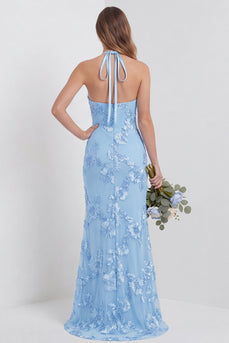 Hellblaues Scheide Langes Neckholder Blumen Besticktes Hochzeitsgastkleid mit Schlitz