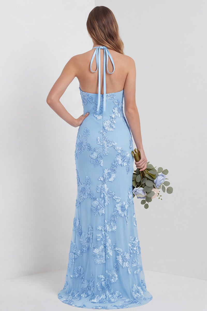 Laden Sie das Bild in den Galerie-Viewer, Hellblaues Scheide Langes Neckholder Blumen Besticktes Hochzeitsgastkleid mit Schlitz