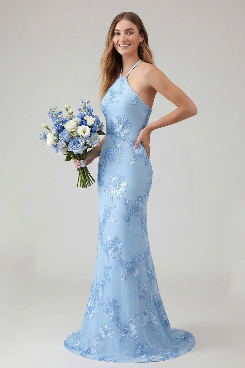 Laden Sie das Bild in den Galerie-Viewer, Hellblaues Meerjungfrauen Neckholder Rückenloses Langes Ballkleid mit Blumen Stickerei